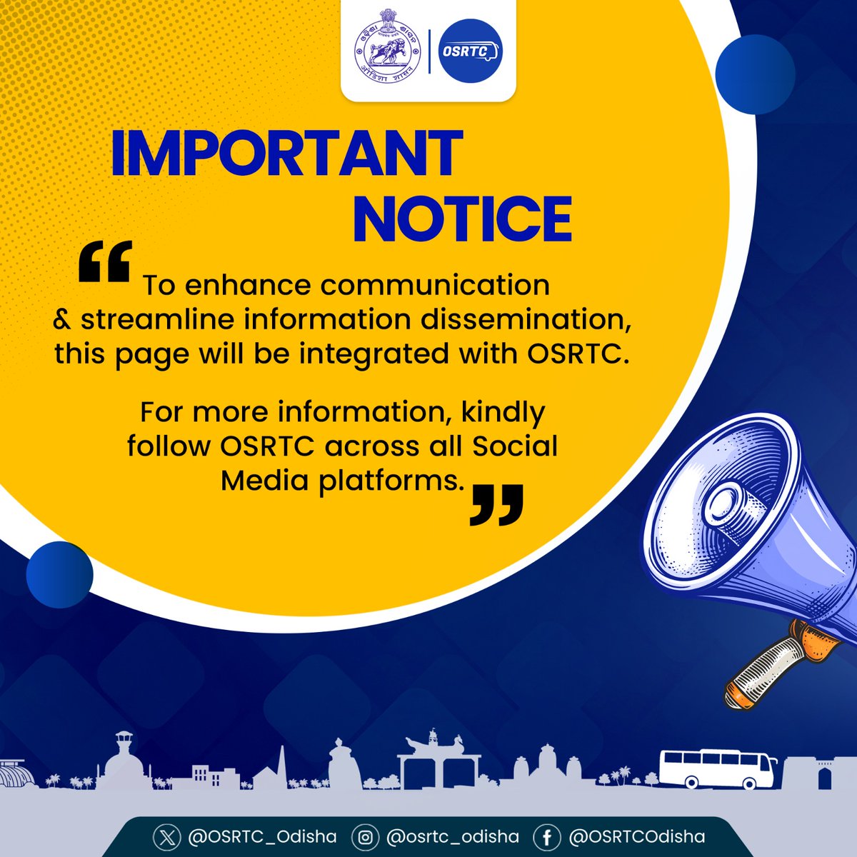 ଆପଣମାନଙ୍କ ସୁବିଧା ପାଇଁ ପ୍ରଭାବଶାଳୀ ଯୋଗାଯୋଗ ବୃଦ୍ଧି ଏବଂ ସୂଚନା ପ୍ରସାରକୁ ସୁବ୍ଯବସ୍ଥିତ କରିବା ଉଦ୍ଦେଶ୍ଯରେ, ଏହି ସୋସିଆଲ ମିଡିଆ ପେଜ୍ କୁ OSRTC ସହିତ ସମନ୍ୱିତ କରାଯାଉଛି।

ଅଧିକ ବିବରଣୀ ପାଇଁ OSRTC ର ସୋସିଆଲ ମିଡିଆ ପେଜ୍ କୁ ଫଲୋ କରନ୍ତୁ।