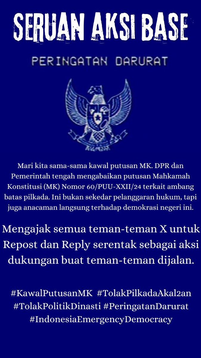 anfess_'s tweet image. LAWAN LAWAN LAWAN!

#KawalPutusanMK 
#TolakPilkadaAkal2an
#TolakPolitikDinasti
#PeringatanDarurat
#IndonesiaEmergencyDemocracy