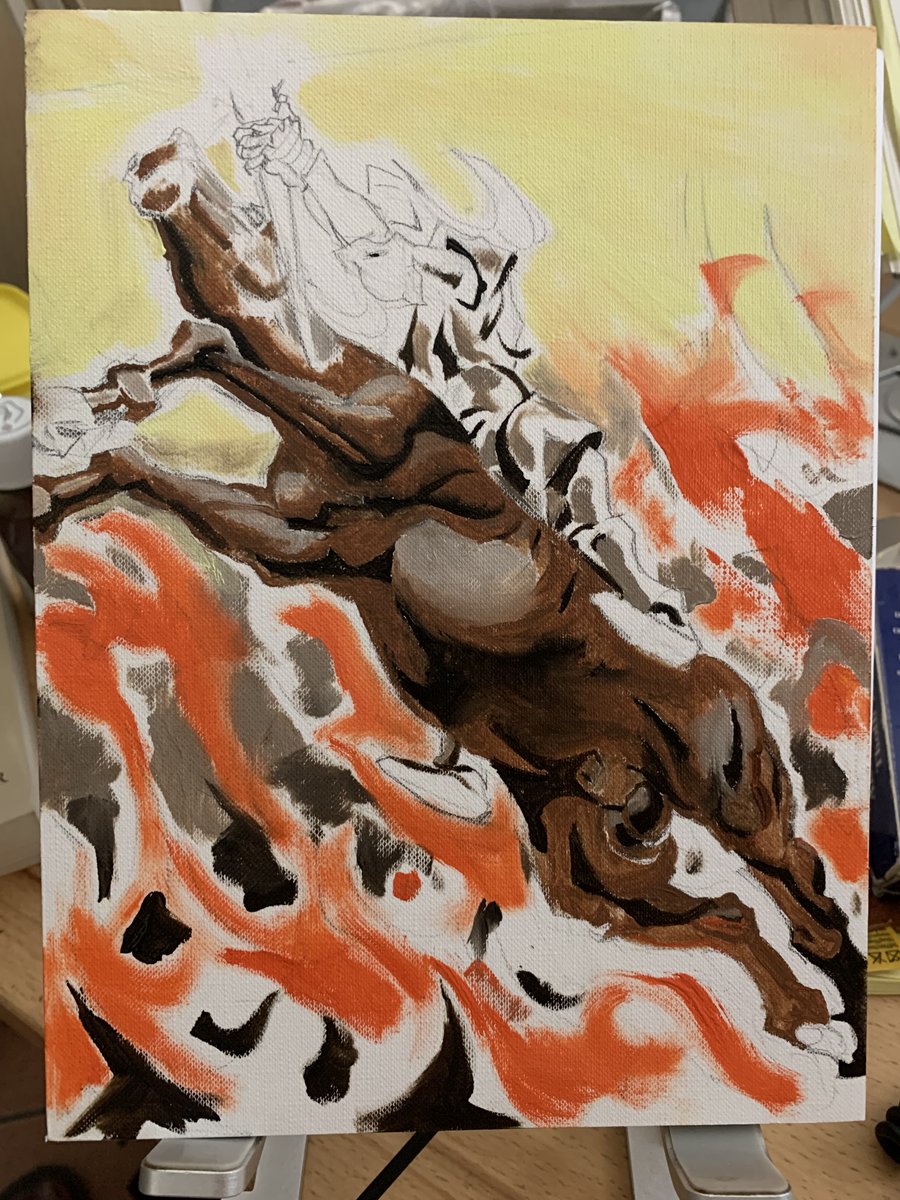 Knight of Wands, Oil on paper, WIP