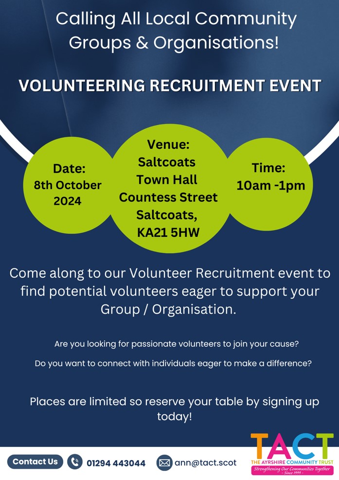 Book your place now : Select tickets – Volunteer Recruitment Event – Saltcoats Town Hall (tickettailor.com)
