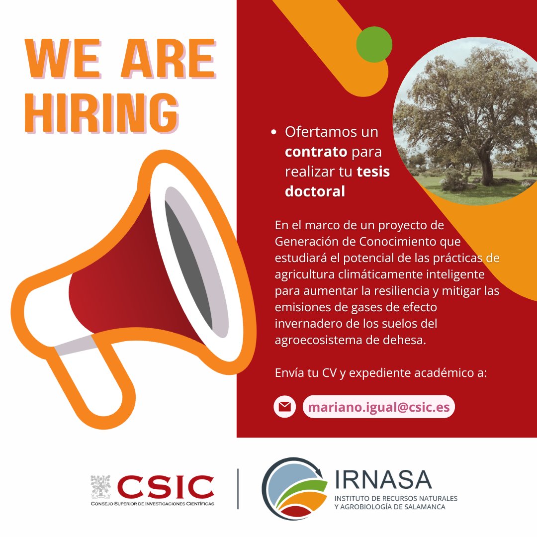 #HiringNow 🫵 Buscamos candidatos para realizar la #TesisDoctoral en el #IRNASA, dentro de un proyecto de la <a href="/AgEInves/">Agencia Estatal de Investigación</a> para el estudio de prácticas de agricultura climáticamente inteligente en la #dehesa 🌾💡🌳

Más info y requisitos 👉 irnasa.csic.es/el-irnasa-csic…

¡Te esperamos! 😃