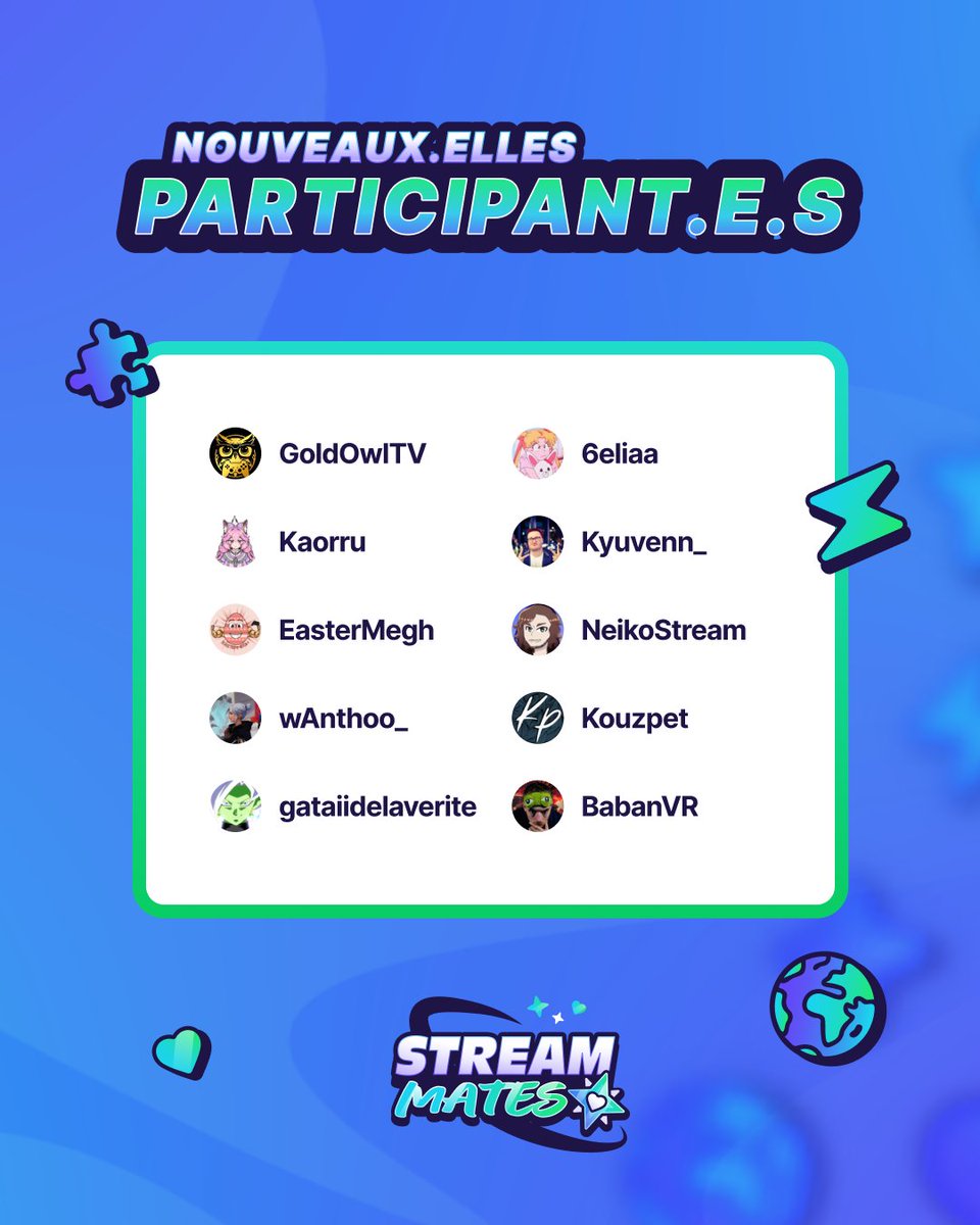 🚀 Vous êtes déjà  +35 streamers inscrits en une semaine ! 🙌

Voici les 10 premiers participants :
- <a href="/GoldOwlTV/">GoldOwlTV</a> 
- <a href="/6eliaa_/">🌙elia</a> 
- <a href="/Kaorrucos/">Kaorru</a> 
- <a href="/xKyuvenn/">Kyuvenn 🔥 #MHA 🥳</a> 
- <a href="/EasterMegh/">EasterMegh</a> 
- <a href="/NeikoStream/">NeikoStream</a> 
- wAnthoo_ 
- Kouzpet 
- <a href="/Gataii4/">Gataii De La Vérité🐊</a> 
- <a href="/Baban_TV/">BABANAX</a> 

📅 Nous dévoilerons les autres chaque semaine !