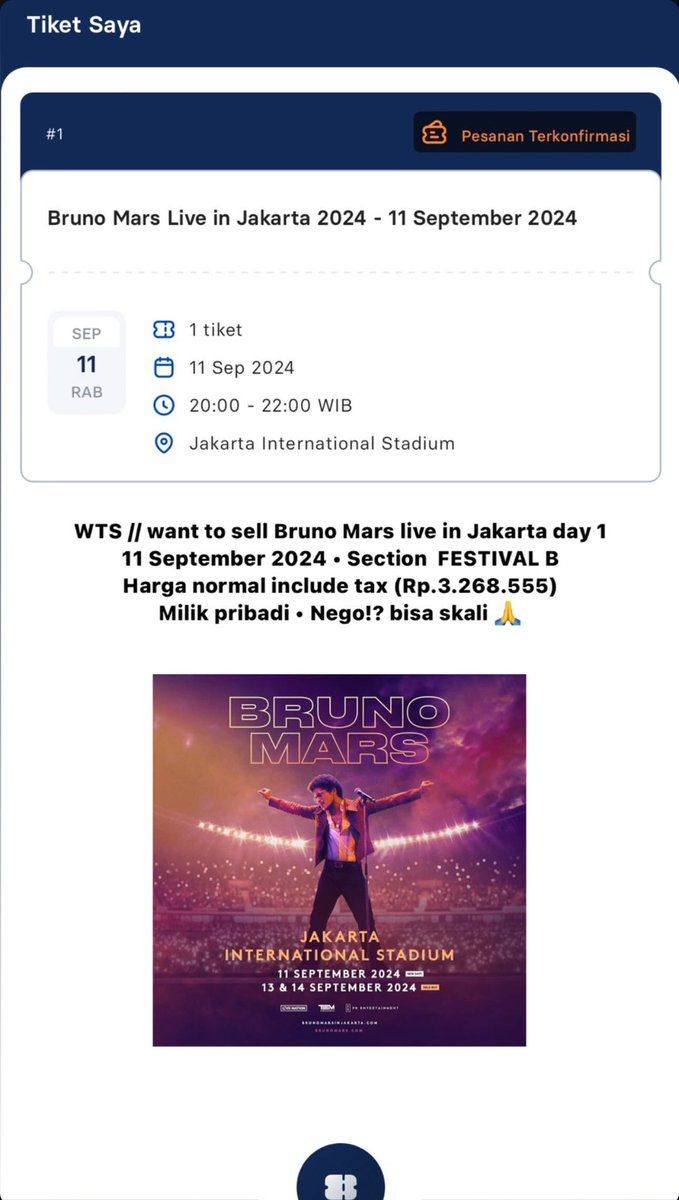 NeLsonFilland's tweet photo. WTS‼️ Tiket Bruno Mars Live in Jakarta Day 1
Alasan jual karna bertabrakkan sama jadwal lain, nego sampe deal 🙏 #BrunoMars #WTS #BrunoMarsLiveInJakarta #24KMagic https://t.co/RhKf5iFTPY