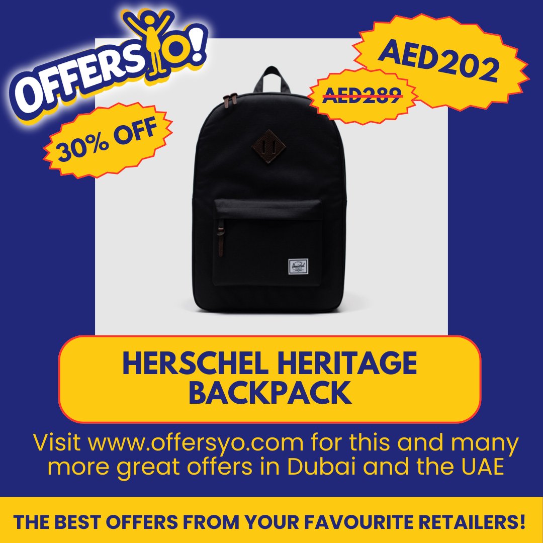 offersyo1's tweet photo. Today's top deal! Incredible discount on the Herschel Heritage Backpack! Head over to https://t.co/lLIrAXrgt7 to find more great offers from your favorite stores! #uae #dubai #offersyo #OffersUAE #sale #bag #hershelbag #backtoschool #school #schoolstuff #bagforschool https://t.co/Bzh10xSOgk