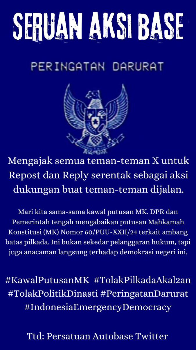 tubirfess's tweet photo. 2beer! SERUAN AKSI BASE!

PERINGATAN DARURAT

LAWAN! JANGAN LENGAH!
BATALKAN BUKAN TUNDA!
PANJANG UMUR PERJUANGAN!
HIDUP RAKYAT INDONESIA! https://t.co/VqXtbDDJOZ