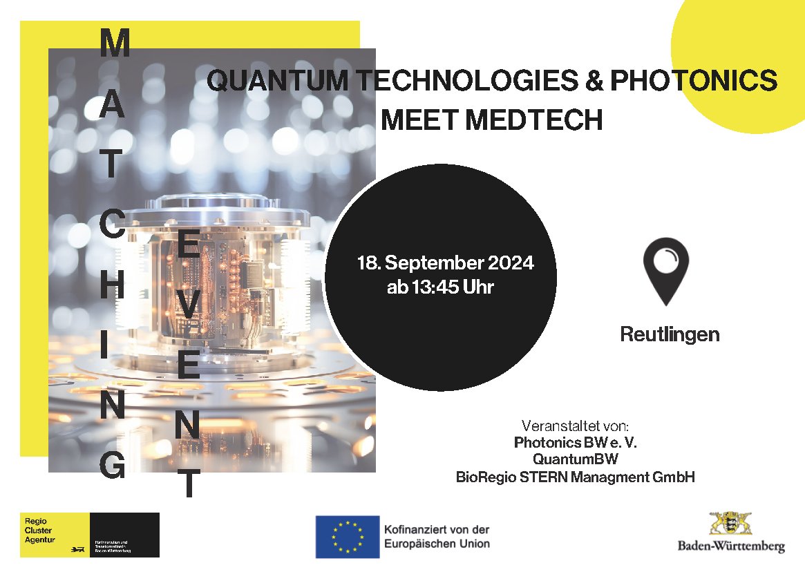 #Quantentechnologie kann die #Gesundheitsbranche revolutionieren. Sie erlaubt tiefe Einblicke in biol. Prozesse und führt so zu besseren Diagnosen. Die Veranstaltung „Quantum Technologies and Photonics meet Medtech“ am 18.9. am #NMI beleuchtet die Chancen
photonicsbw.de/veranstaltunge…