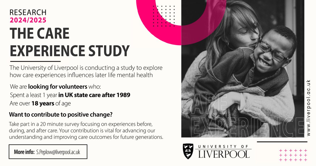 🚨 CALLING ALL CARE LEAVERS! 🚨

The University of Liverpool is researching how care experiences influence later life mental health.

Your story has the power to spark change! 🌟

🔗 Click link to take part:
livpsych.eu.qualtrics.com/jfe/form/SV_9p…

#UniversityOfLiverpool #CareExperience #Change