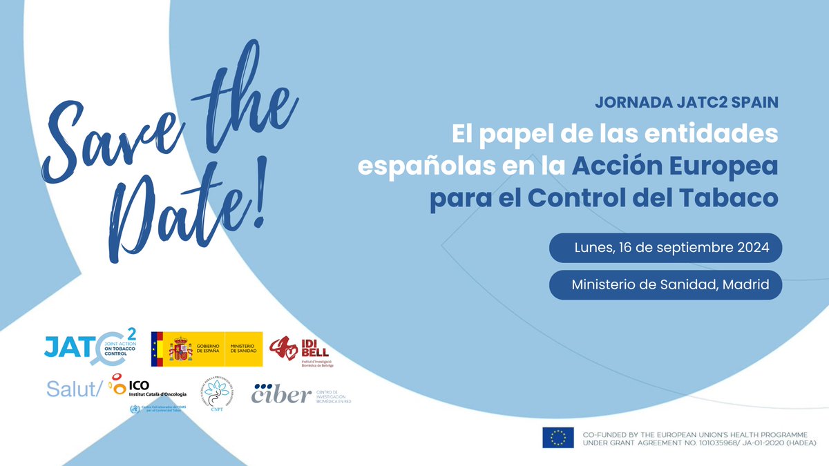 TobControlUnit's tweet image. Expertos en control del #tabaco presentarán los principales resultados de la segunda Joint Action on Tobaco Control. @jatc2_ 

¡No te lo pierdas!

📅Lunes, 16 de septiembre 2024
📍Ministerio de Sanidad, Madrid

Programa e inscripción aquí: jornada-jatc2.tiiny.site