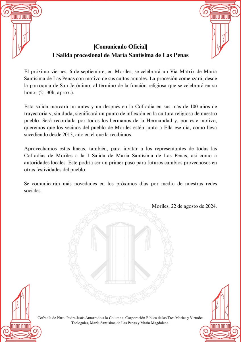 ColumnaMoriles's tweet photo. I Salida Procesional de María Santísima de Las Penas.

📅 6 de septiembre 
📍Parroquia de San Jerónimo
🕰️21:30h. https://t.co/RAtkjeREYc