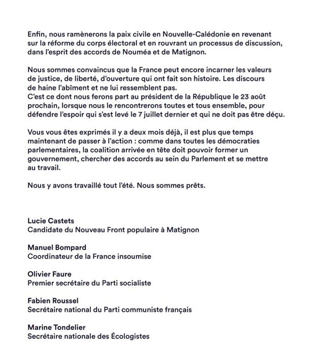 Nous sommes prêts à gouverner. Pour respecter la démocratie. Et répondre à la demande aux urgences sociales et écologiques.

Retrouvez la lettre aux Français signée par Lucie Castets et les 4 forces politiques du Nouveau Front populaire.