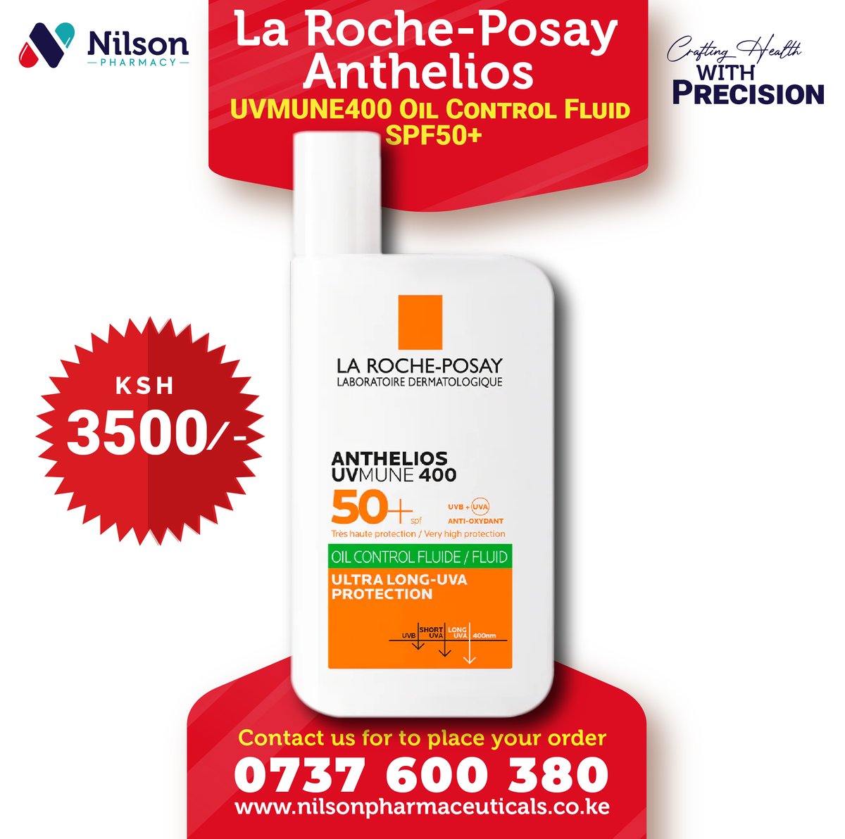 NilsonPharmacy's tweet photo. 🌞 Protect your skin with La Roche-Posay Anthelios UVmune 400 SPF50+🌞

Say goodbye to oily skin and hello to ultra-long UVA protection. 

Now available at Nilson Pharmacy for just KSH 3500/-

📞 Call 0737 600 380 to order today! 

#SkinProtection #SPF #NilsonPharmacy #SPF50Plus https://t.co/tNcrUcFy8k