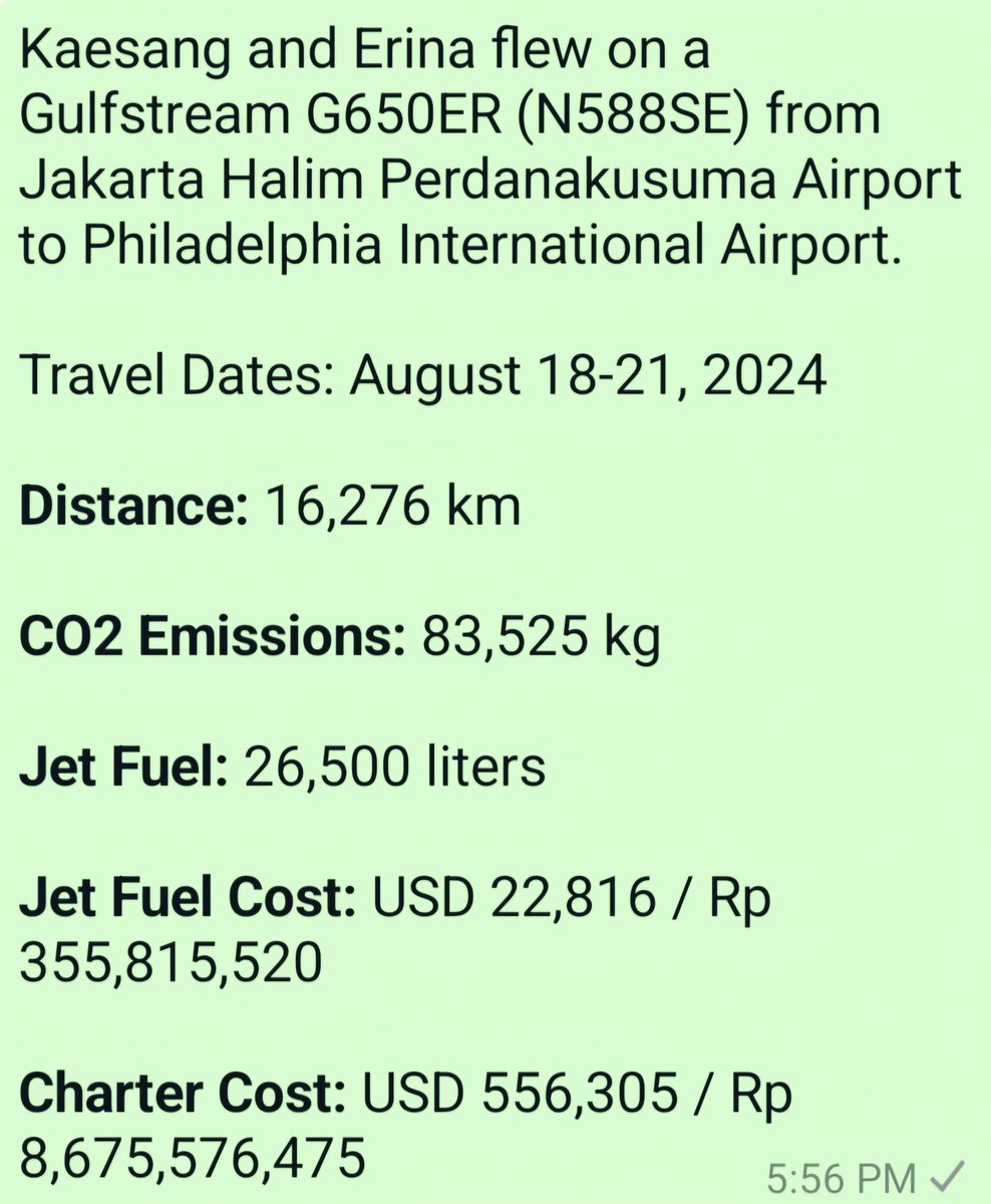 TrendAsia_Org's tweet photo. Instead of spending Rp169 million for 2 seats in FIRST CLASS, they spent Rp8.6 BILLION to fly private 😱💸

With 16 seats, the Gulf jet generates 5,220 kg of CO2 per person—5x worse than a commercial  flight (1,110 kg). If they leave some seats empty? Emissions go even higher!🥵 https://t.co/VEEKE3vZbn