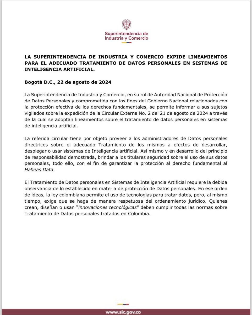 sicsuper's tweet photo. 🚨#Atención | La SIC, comprometida con los fines del Gobierno Nacional relacionados con la protección de los derechos fundamentales, se permite informar los lineamientos sobre el tratamiento de datos personales en sistemas de inteligencia artificial. 

Los Detalles👇🏻 https://t.co/BLLrAgKyEL
