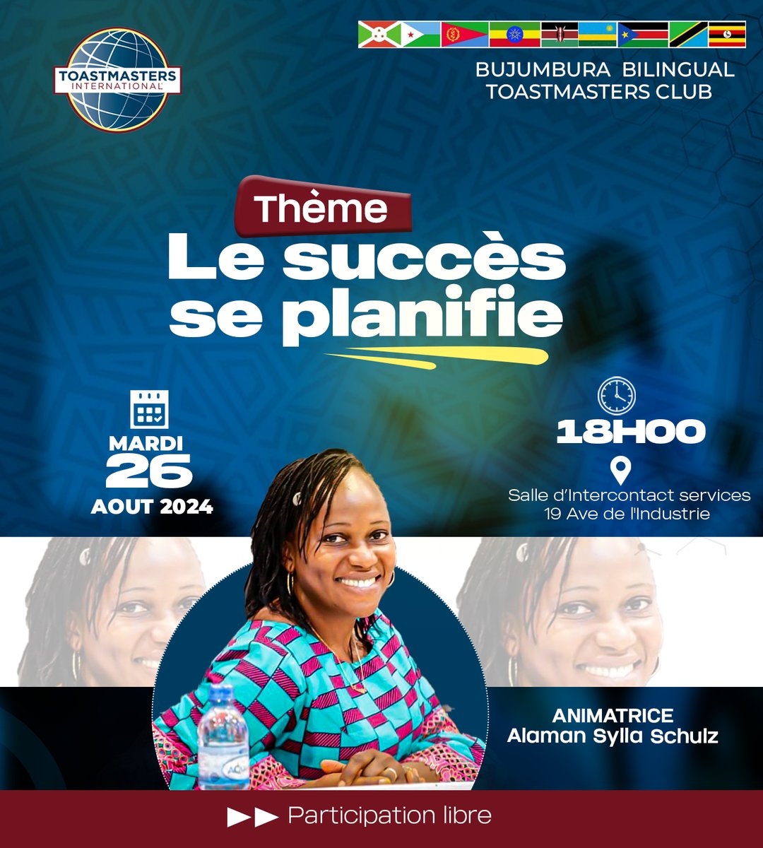 📅 Réunion Toastmasters - Mardi 26 août 2024 à 18h00

Le succès se planifie, il ne se fait pas au hasard ! 🚀
  
🎯 Thème : "Le succès se planifie"  

Rejoignez-nous pour transformer vos ambitions en réalité ! 🌟 #Toastmasters #abatwip #Leadership