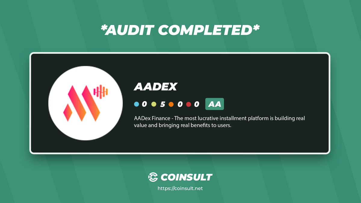 CoinsultAudits's tweet image. 🔒 AUDIT COMPLETED FOR AADEX

🎁 GIVEAWAY: $20 (48 hours)

1⃣ Follow @AADex_Finance &amp;amp; @CoinsultAudits
2⃣ Like + RT this tweet
3⃣ Place a comment 💬

Go check out the full project page of AADex 👇
coinsult.net/projects/aadex/

#giveaway #audit #smartcontract #cryptogiveaway #crypto…