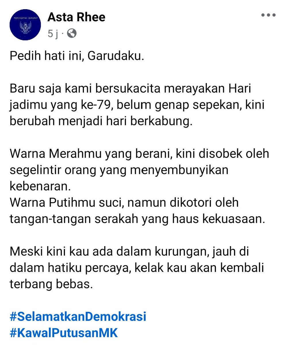 AstaRhee's tweet photo. Do'a yang terbaik untuk negeriku Indonesia

Jangan biarkan Garuda jatuh ke tangan orang serakah!!

#SelamatkanDemokrasi 
#kawalkeputusanMK https://t.co/delTK280FG
