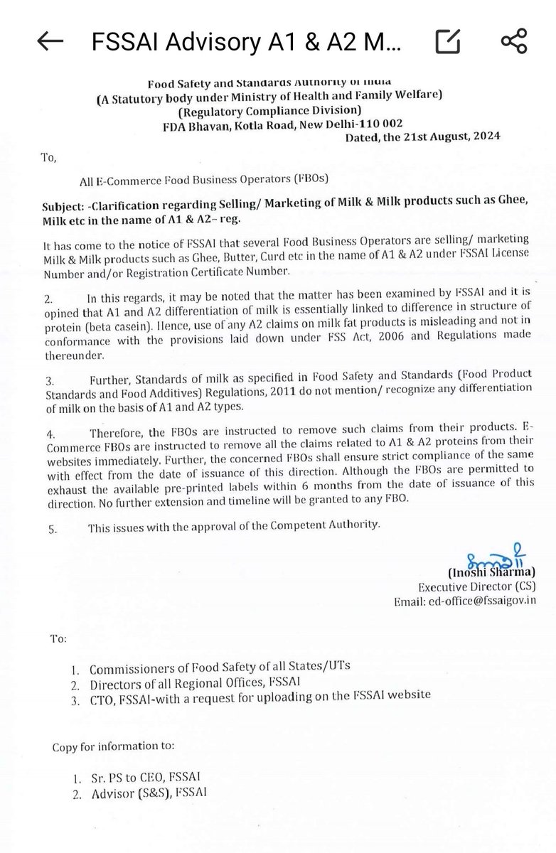 डेयरी कंपनियों को दूध या उत्पादों पर A1 या A2 का दावा करने की अनुमति नहीं है। यह उपभोक्ताओं को A1 दूध उत्पादों की तुलना में A2 उत्पादों की श्रेष्ठता के संबंध में खाद्य और डेयरी कंपनियों के अवैज्ञानिक दावों से बचाने के लिए भारतीय <a href="/fssaiindia/">FSSAI</a> द्वारा एक ऐतिहासिक अधिसूचना है।