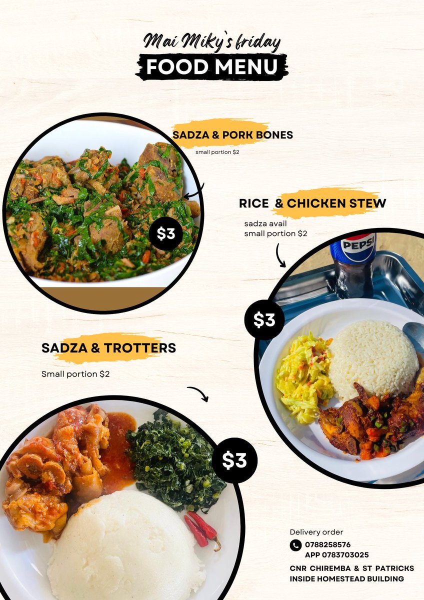 Please can I get a 1000Rts 🥹
Ladies and gentlemen I’m officially taking your orders for food deliveries along Chiremba Rd &amp; town cbd tomorrow. I’m bringing food right to your offices at a delivery fee of just $1 .Please ,please patronize me I’m ready to serve y’all .