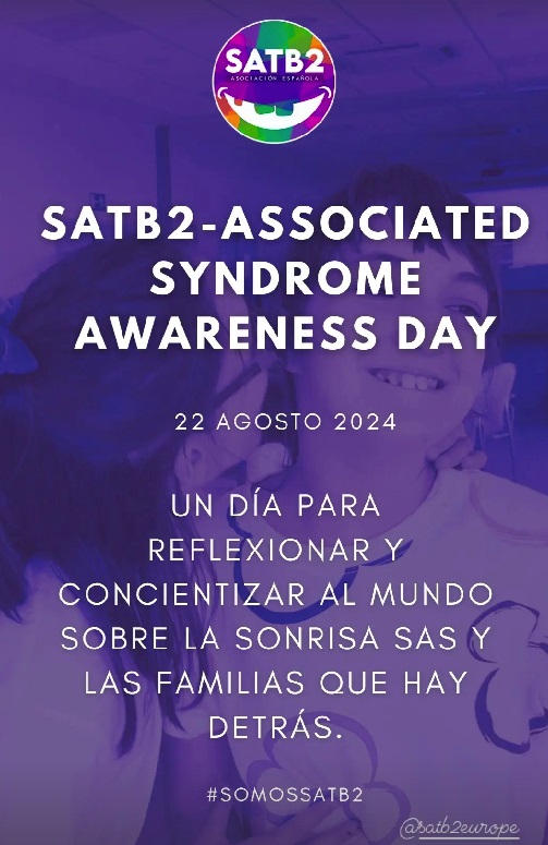 Hoy 22 de agosto es el Día Internacional de Concienciación del Síndrome asociado al #SATB2
Un día para reflexionar y concienciar al mundo sobre la sonrisa SAS y las familias que hay detrás💜
<a href="/asociacionsatb2/">Asociación SATB2</a> #somossatb2 #wearesatb2 #SATB2AwarenessDay #EnfermedadesRaras