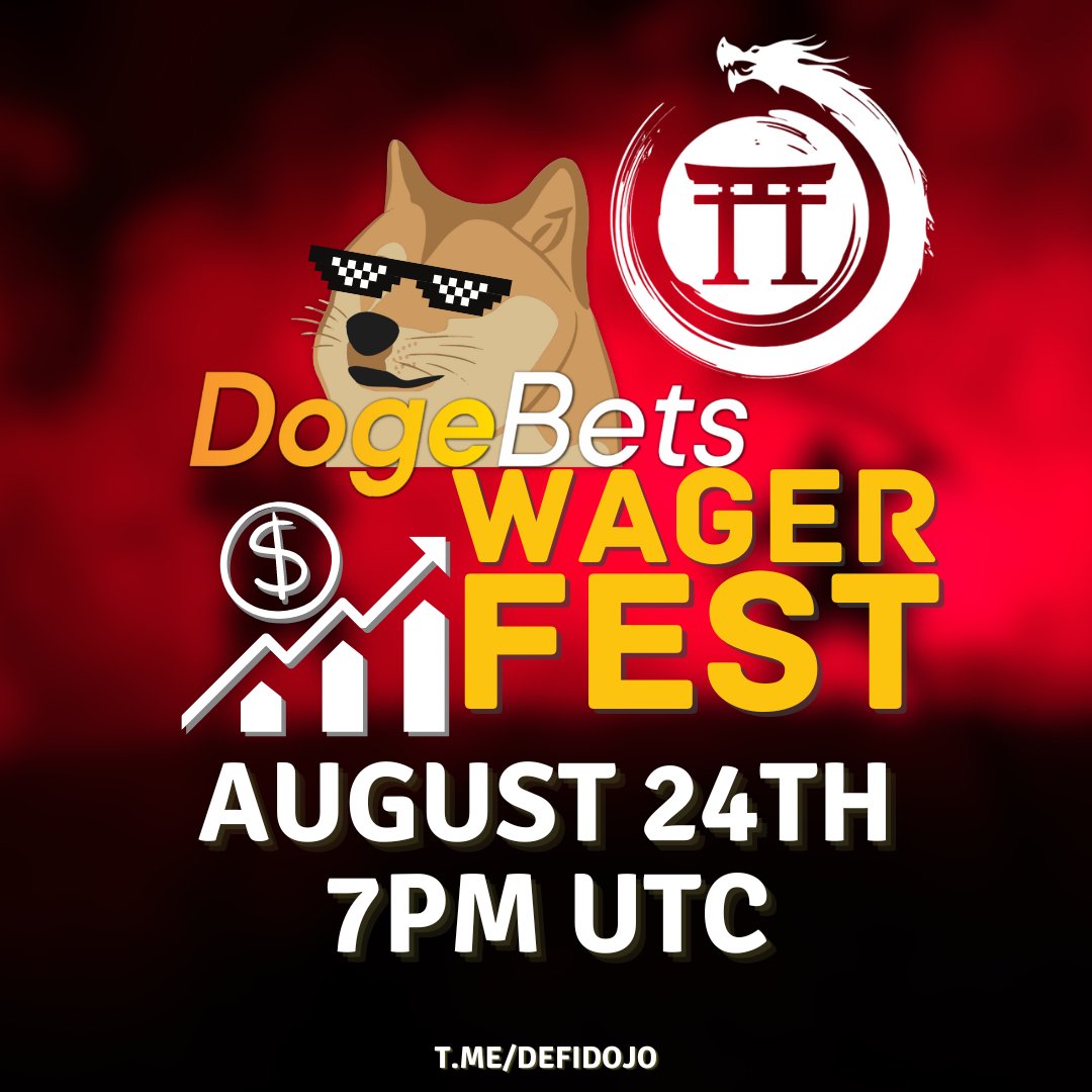 🎉DOGEBETS #WAGERFEST IS BACK!🎉

🗓 Date: Saturday, August 24th
🕖 Time: 7 PM UTC
📍 Location: t.me/defidojo

🔥Join us at <a href="/defidojo_/">The DeFi Dojo</a> this Saturday for intense #PvP battles, on-house money #bets, and the new #Whitelabel feature!

❓Who will be the true #AlphaDOGE? 🏆🐶