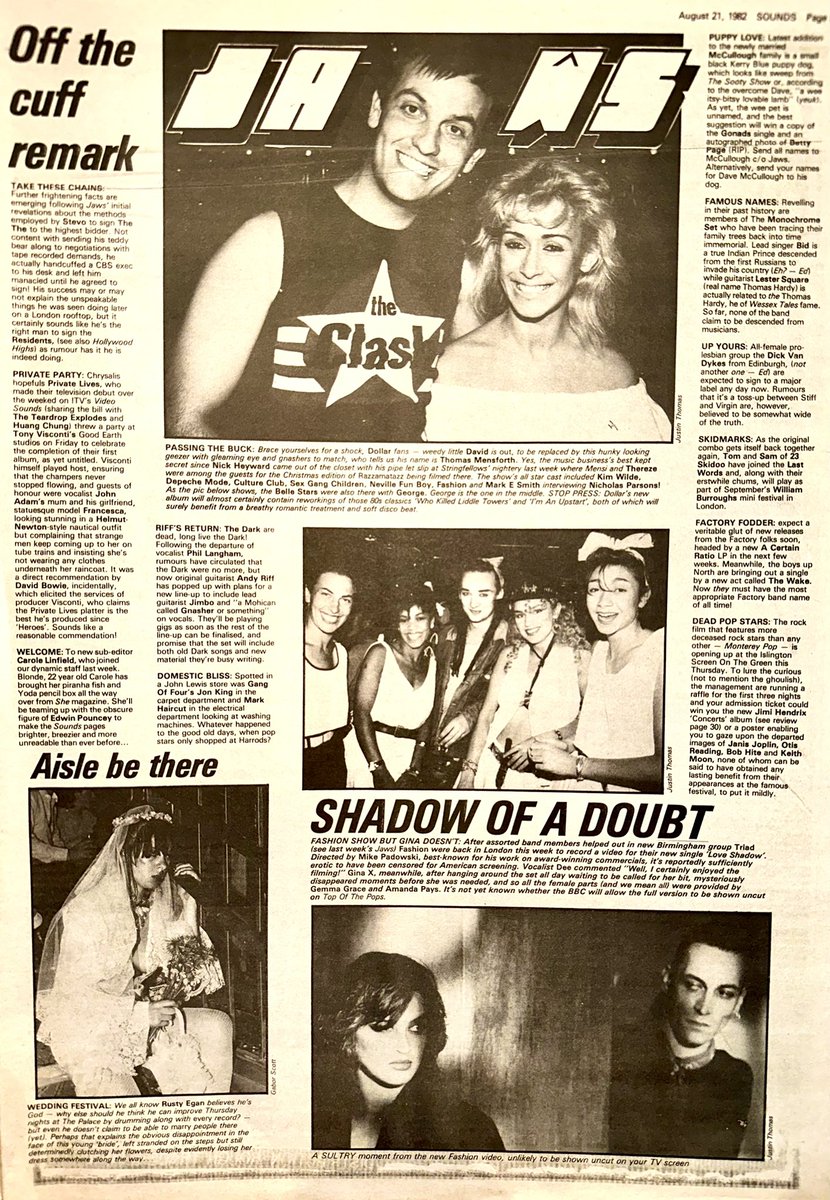 ZoundsAbound's tweet photo. A packed Jaws column this week featuring details on the lengths #Stevo from Some Bizarre is going to, in order to get @thethe signed.
News & goss too on #Mensi #Dollar @DJRustyEgan #Fashion @acrmcr #HeyElastica, and many more besides!
Sounds Aug 21st 1982 https://t.co/t1iPSgu9jN