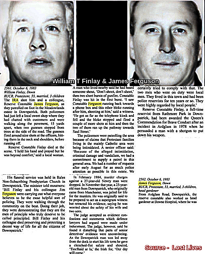 OnThisDayPIRA's tweet photo. #OnThisDay in 1983 the IRA murdered 2 RUC Reserve Constables; William T Finlay, F/t officer &amp; James Ferguson, P/t, shot on foot patrol &amp; walking apart on pavement at Meadowlands estate, Downpatrick. Murderers ran off into the estate, which was daubed with republican graffiti #OTD https://t.co/mLx9gVj8Eq
