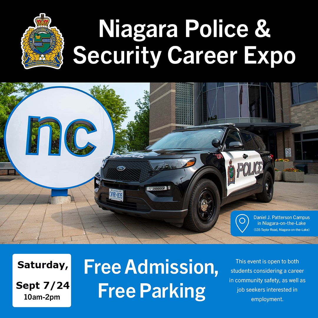 WE ARE HIRING!
Come to the Niagara Police &amp; Security Career Expo 
Sat, Sept 7th from 10 - 2 @ Niagara College – 135 Taylor Rd, Niagara-On-The-Lake. 

Hiring Recruits, Experienced Officers, Special Constables, Civilian Positions &amp; Auxiliary
More info HERE!  niagarapolice.ca/en/careers-and…