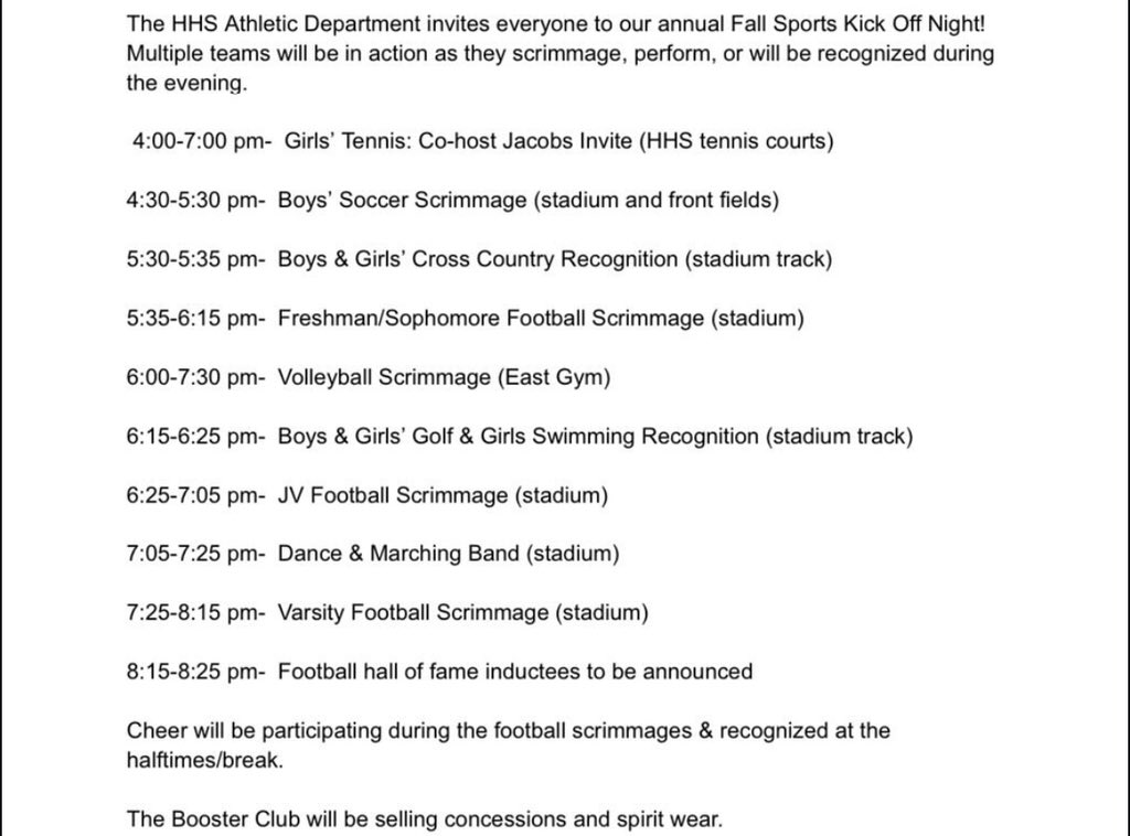 ‼️HEY RAIDERS, our annual fall sports kickoff is this Friday, August 23rd. Getting ready for all the upcoming fall sports this season. The schedule for all sports is as seen below, we can’t wait to see you there !! 
THEME: YOUR BEST HHS RED RAIDER GEAR!!