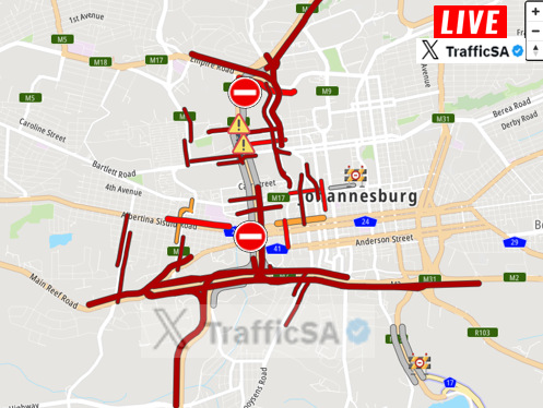 TrafficSA's tweet image. JHB - M1 Highway (Latest):  COMPLETE MESS: 
ROAD CLOSED between Empire Road and Crown Interchange due to striking / protesting #SAMWU workers  #M1Highway