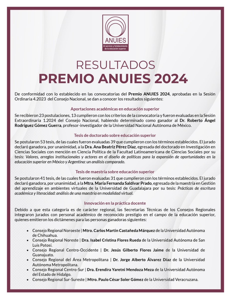 ANUIES's tweet image. ¡Te compartimos los resultados del #PremioANUIES 2024! 🏆