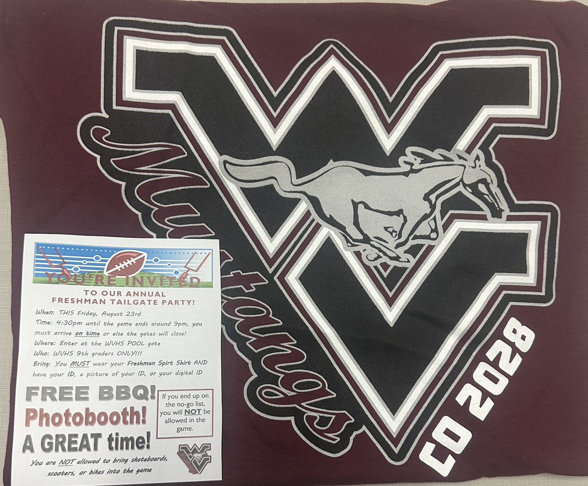 Welcome c/o 2028!! You are invited to our annual Freshman Tailgate Party tomorrow at 4:30 PM! We are so happy to have you here at <a href="/WVHSMustangs1/">WVHSMustangs</a>!! Don’t forget to wear your new freshman class shirt! <a href="/BarrCenter/">BARR Center</a> <a href="/HemetUnified/">Hemet Unified</a> <a href="/gzavalam12/">Gerardo Zavala</a> <a href="/KimRomeril/">Kim Romeril</a> @NereydaHemetUSD