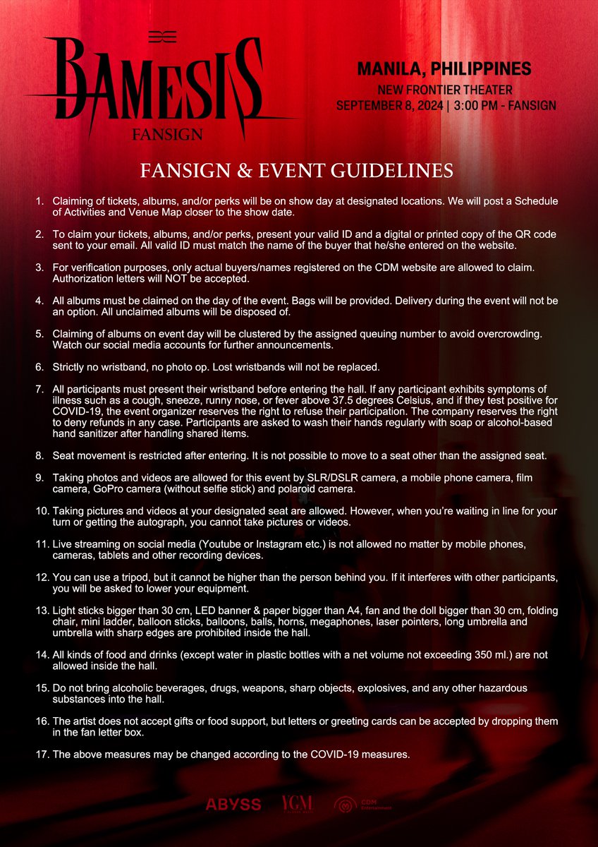 cdmentph's tweet photo. BamBam 3rd Mini Album 『𝐁𝐀𝐌𝐄𝐒𝐈𝐒』Fansign Event in Manila

Updated mechanics are here! Please review all posters.
 
📅 September 8, 2024 (Sun), 3 PM
📍 New Frontier Theater
Purchasing website:
🔗 https://t.co/lnG9ycPWf6 
Sales Period: August 23, 6pm to September 3, 6pm (GMT+8)

#BamBam #뱀뱀 #BAMESIS
#BAMESIS_SHOWCASE_TOUR
#BAMESISFANSIGNINPH
#BAMESISSHOWCASEINMNL