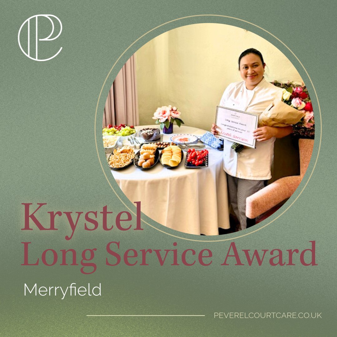 Krystel has been with us for 20 years this month. We celebrated with a little gathering for staff and residents and presented Krystel with her long service award and voucher. We are so grateful for all of Krystel’s hard work and dedication to our residents at Merryfield.