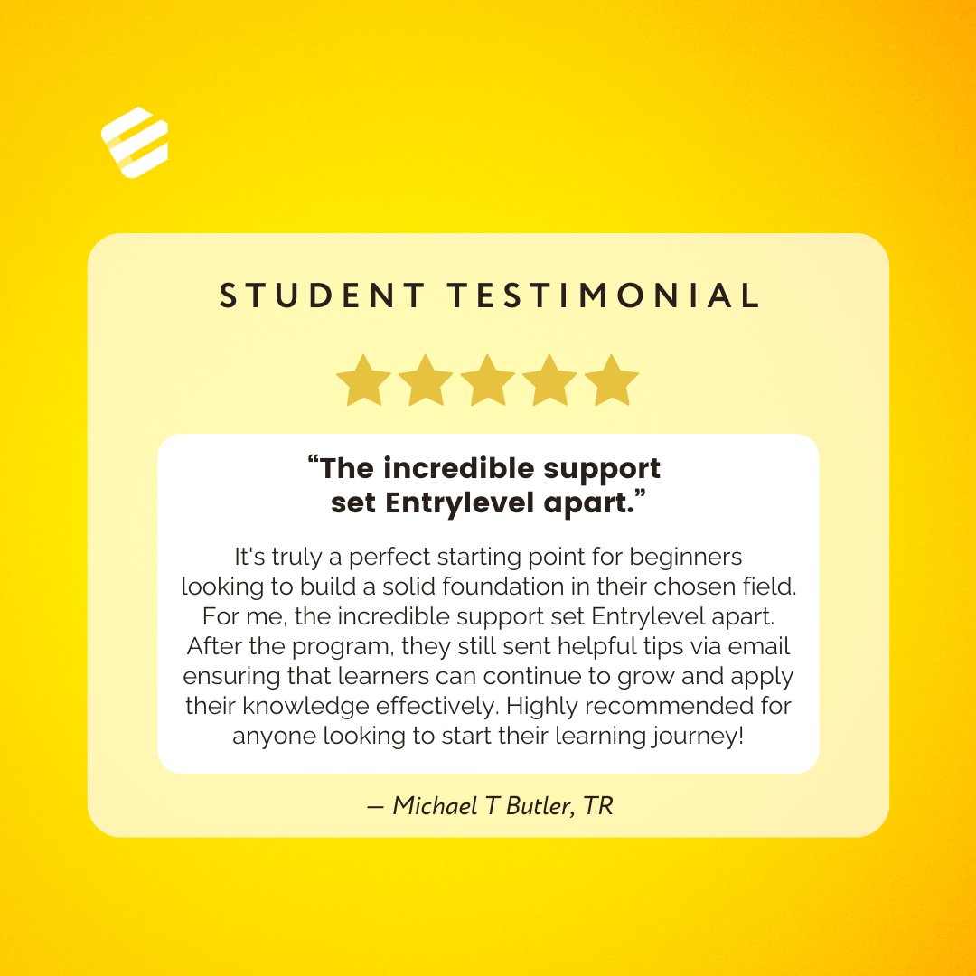 EntryLevelNet's tweet image. Michael found Entrylevel to be the perfect starting point for beginners and loved our ongoing support, even after the course!
We've got you covered with structured learning, hands-on projects, and guidance to ensure continuous growth. 😉
Learn more here: entrylevel.net