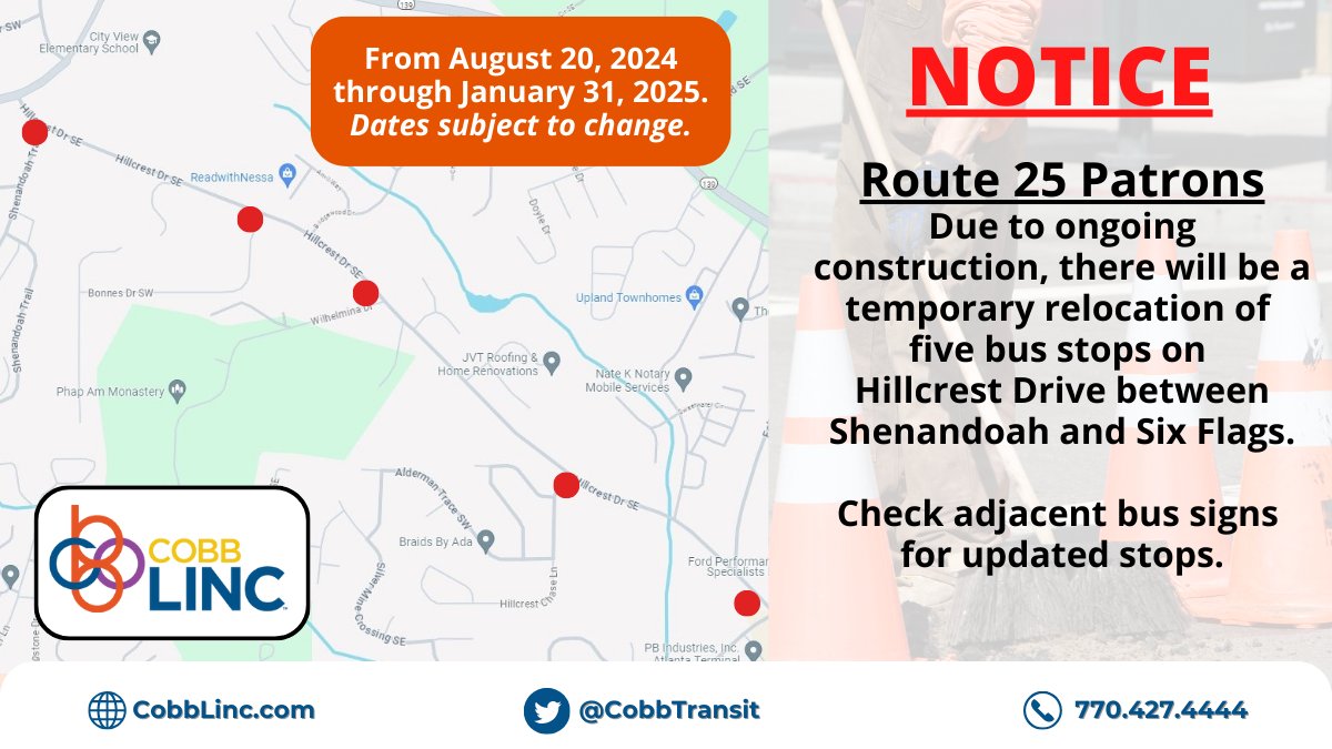 Attention Route 25 Patrons:
Due to ongoing construction, there will be a temporary relocation of five bus stops on Hillcrest Drive between Shenandoah and Six Flags. Updated stops are located directly adjacent to the affected ones.