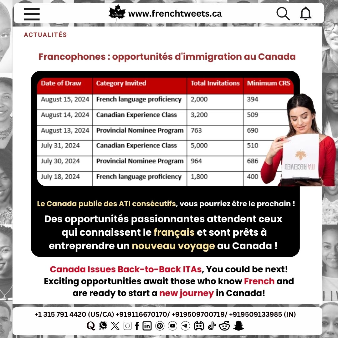 frenchtweets1's tweet image. Canada issues back-to-back ITAs—could you be next? 🌟 Exciting opportunities await those fluent in French and ready to embark on a new adventure in Canada!

#canadaitas #immigrationcanada #frenchspeakers #newjourney #canadabound #excitingopportunities #startanewchapter