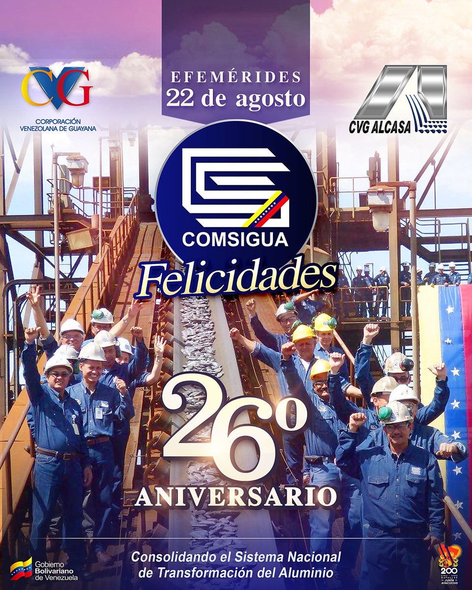 #Efeméride 📆 || Hoy nuestros hermanos de #CVGComsigua arribaron a su 26 aniversario. 

Desde #CVGAlcasa felicitamos a su clase trabajadora y le extendemos el mayor de los abrazos.

¡Felicidades!

@nicolasmaduro
<a href="/delcyrodriguezv/">Delcy Rodríguez</a>
@hectorsilvavzla
@ahidalgo67
@cvg_oficial