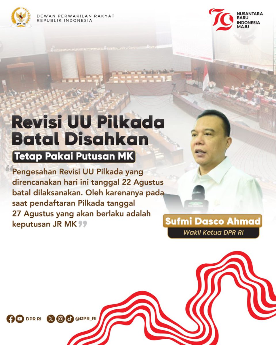 Wakil Ketua DPR RI Sufmi Dasco Ahmad memastikan pengesahan revisi UU Pilkada dibatalkan. Dasco menyebut putusan Mahkamah Konstitusi (MK) yang akan berlaku untuk pendaftaran Pilkada pada 27 Agustus 2024.

#Pilkada2024
#RUUPilkada