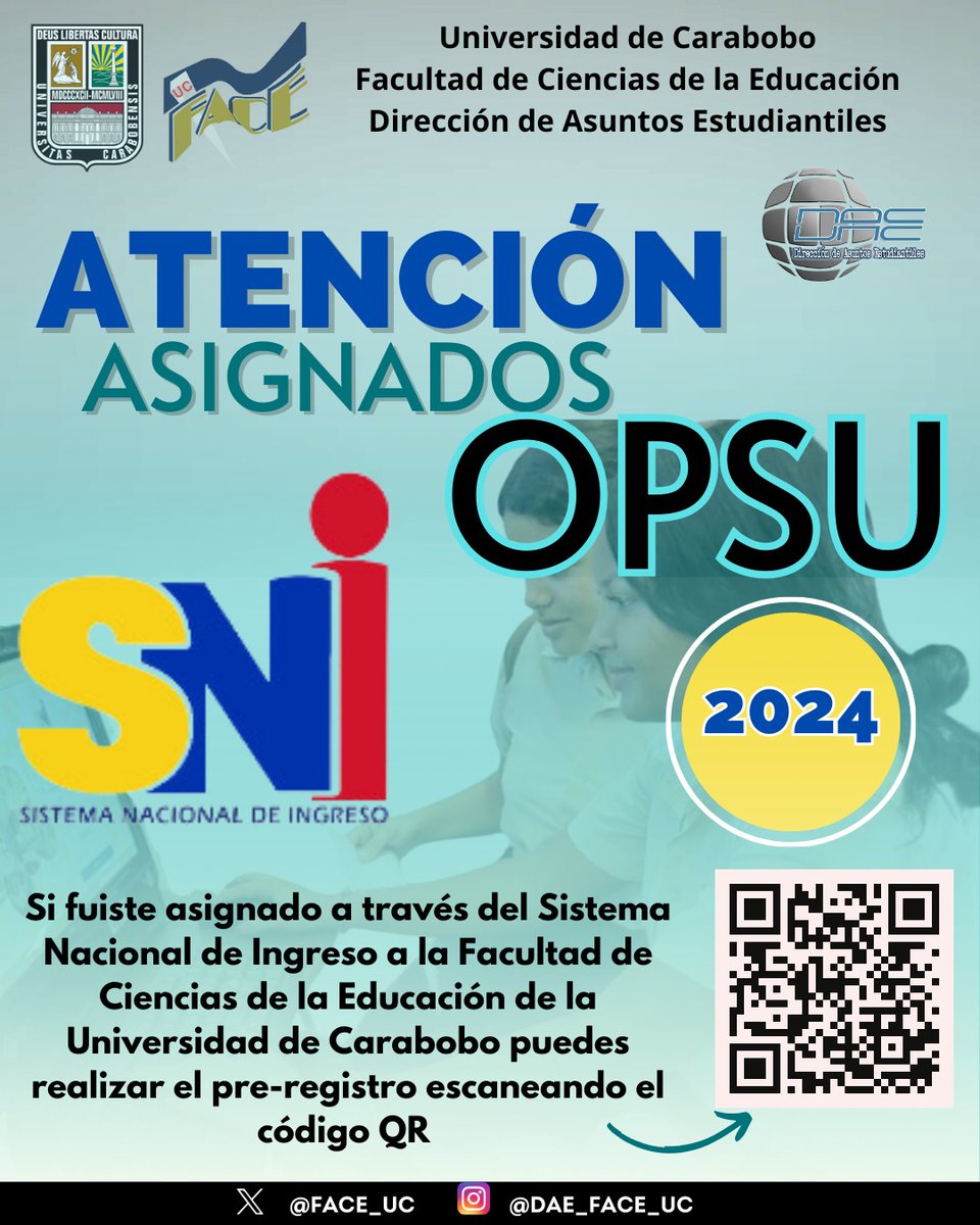Atención asignados #Opsu en la "Facultad de Ciencias de la Educación" en la Universidad de Carabobo, realiza tu pre-registro, escanea el codigo QR #FaCEActiva #FaCEHumanista #Academia #Inclusión #Dialogo #Opsu