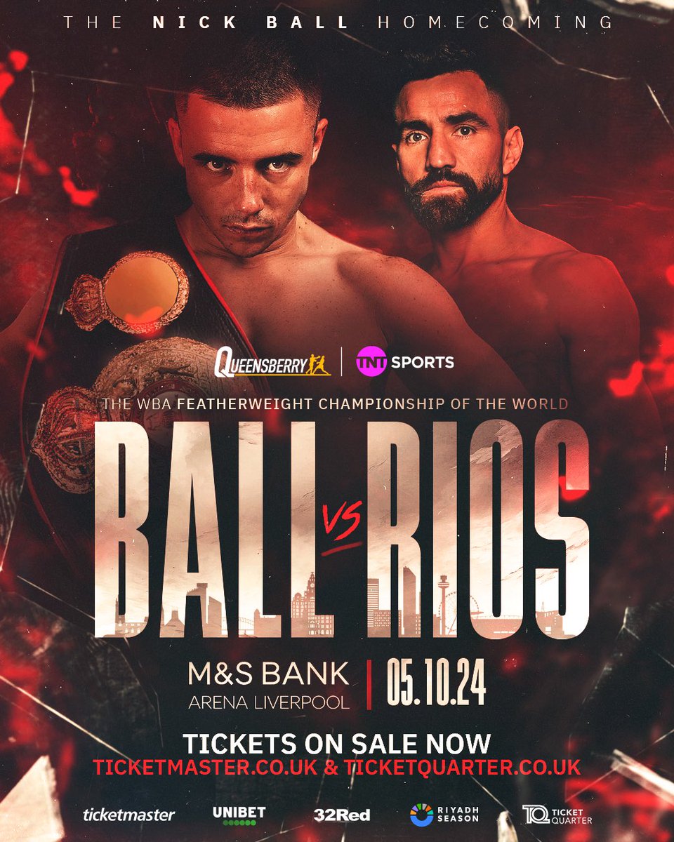 Tickets on sale 𝑵𝑶𝑾 🚨

The homecoming of world champion <a href="/nick_ball97/">Nick ball</a> is here along with an undercard brimming with talent 🔥

#BallRios | Oct 5th | Liverpool | Tickets via link in bio 🎟️