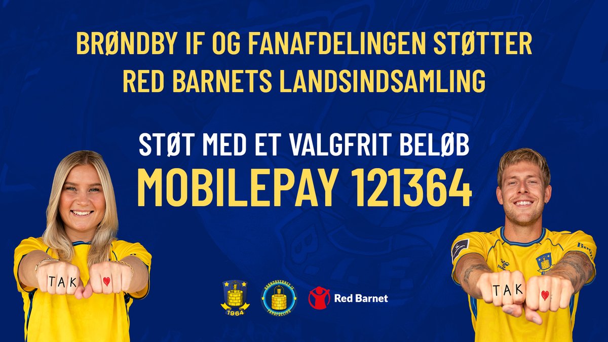 BrondbyIF's tweet photo. Brøndby IF støtter igen i år op om Red Barnets landsindsamling, som løber af stablen 1. september 🫶

Vi vil derfor til søndagens hjemmekamp og i hele næste uge sætte fokus på Red Barnets vigtige arbejde for udsatte børn og unge 🤝

Læs mere: https://t.co/zXQeVqWznb https://t.co/bvsKZ1b04c