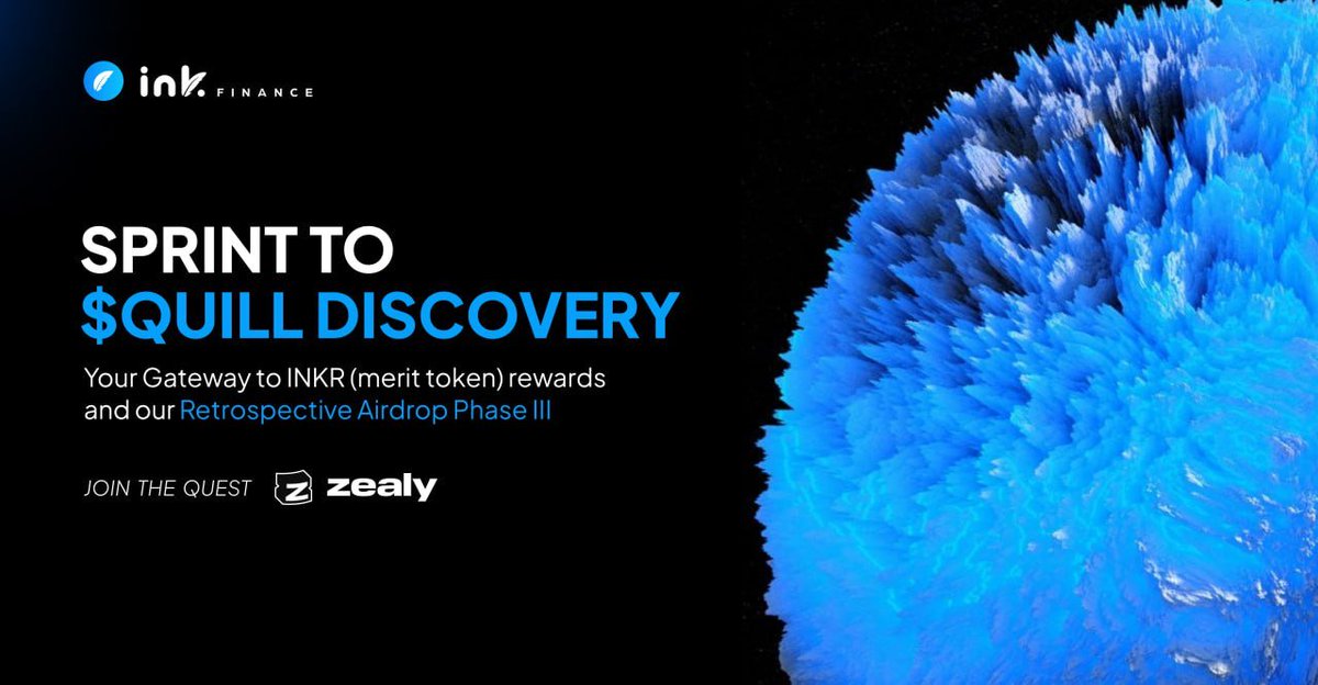 Boasting a prize of 30,000 $QUILL for phase 3 of our airdrop, we've released our discovery sprint on Zealy to enable early participants to receive a headstart in our upcoming campaign. 

To ensure you are ahead of the competition, join the quest at zealy.io/cw/inkfinancex…