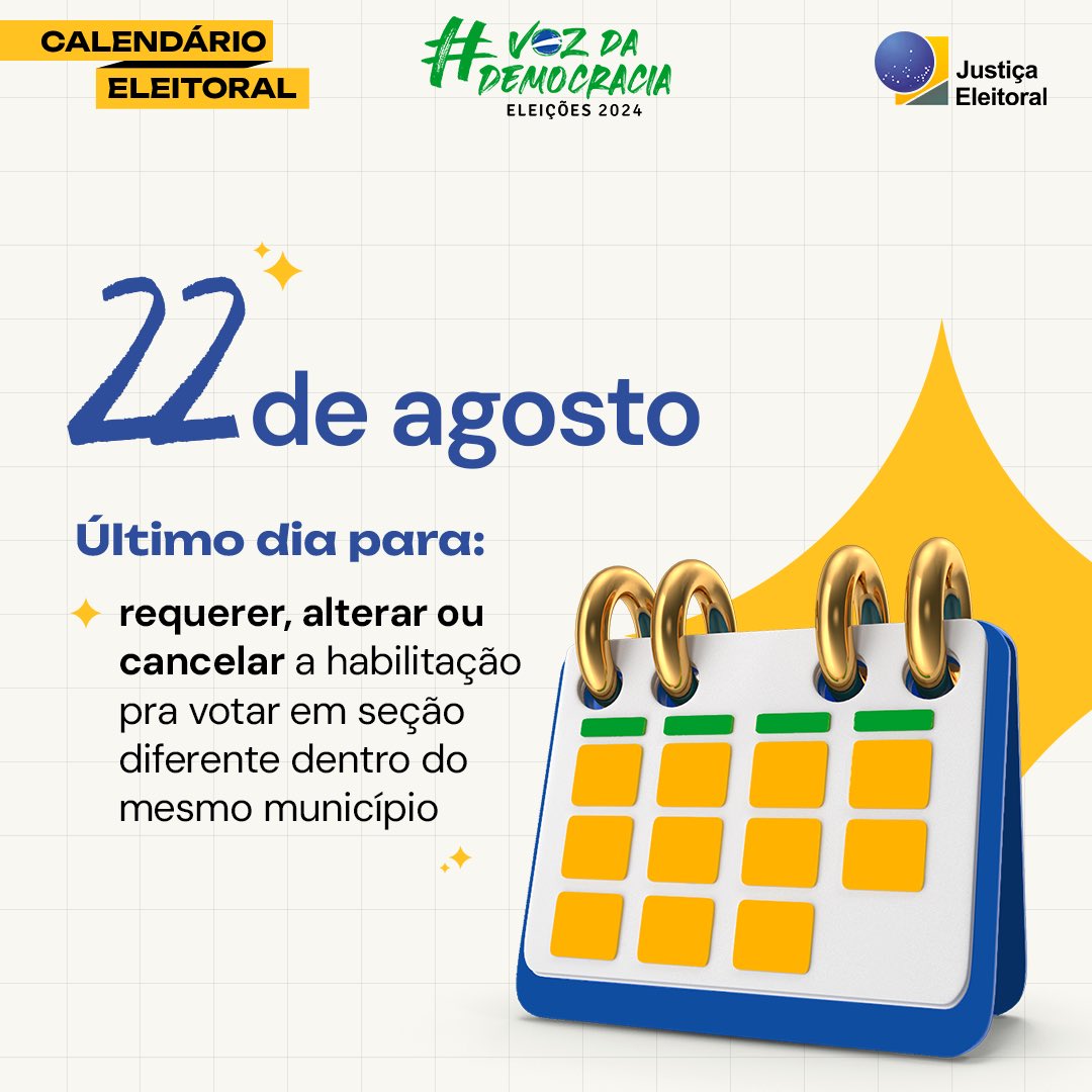 #CalendárioEleitoral 🗓️ O prazo pra mudar o local de votação dentro do mesmo município acaba hoje! Podem solicitar essa mudança: juízas e juízes eleitorais, servidoras e servidores da #JustiçaEleitoral, militares, pessoas com deficiência, indígenas, quilombolas e outros.