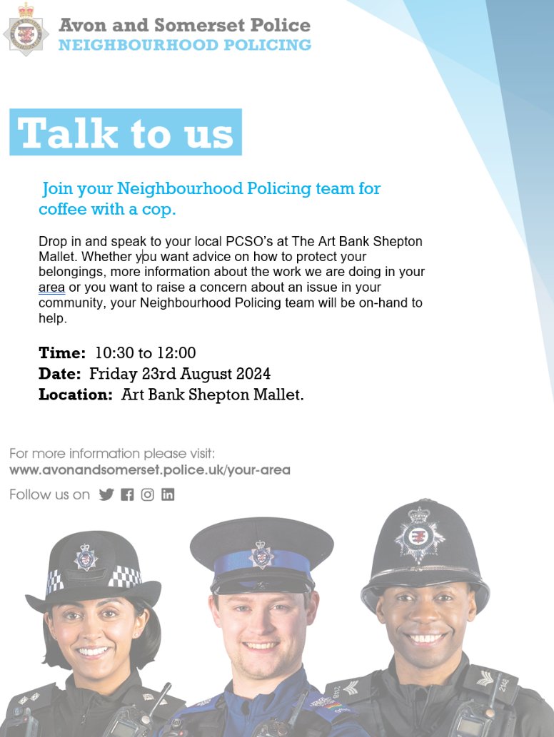 ASPolice Mendip (@aspmendip) on Twitter photo Come Meet your Local PCSO's Becky and Sheila at the Art bank, Shepton Mallet.
This is an engagement event so residents can voice any concerns they may have.
#NeighbourhoodPolicing
#Shepton Come Meet your Local PCSO's Becky and Sheila at the Art bank, Shepton Mallet.
This is an engagement event so residents can voice any concerns they may have.
#NeighbourhoodPolicing
#Shepton
