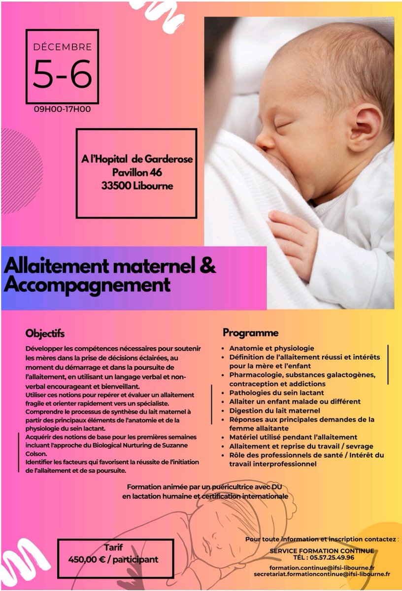 CH Libourne (@ch_libourne) on Twitter photo 📢 Professionnels de santé : Rejoignez-nous les 5 et 6 déc. 2024 pour une formation sur l'allaitement maternel à l'Hôpital de Garderose !
🕘 9h-17h
📍 Garderose
Infos & inscription : 05 57 25 49 96 / formation.continue@ifsi-libourne.fr
#Santé #Formation #Allaitement 📢 Professionnels de santé : Rejoignez-nous les 5 et 6 déc. 2024 pour une formation sur l'allaitement maternel à l'Hôpital de Garderose !
🕘 9h-17h
📍 Garderose
Infos & inscription : 05 57 25 49 96 / formation.continue@ifsi-libourne.fr
#Santé #Formation #Allaitement