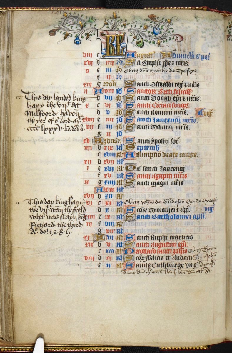 rsociety_iii's tweet photo. 22 August 1485, the death of King Richard III at the Battle of Bosworth. His death was recorded in the Beaufort Hours, Royal MS 2A XVIII, f. 31v, owned by Margaret Beaufort. https://t.co/LkYHsVMZ2k