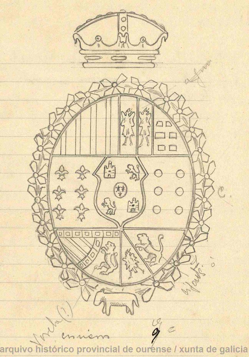 ahpourense's tweet image. No @ahpourense consérvanse varios debuxos de escudos de #Ourense realizados por Xurxo Lorenzo. Destaca o do bispo Muñoz de la Cueva na fachada do antigo pazo episcopal na Praza Maior. Pero tamén hai debuxos de brasóns do Colexio das Mercedes, da rúa Hernán Cortés...🛡️
#heráldica