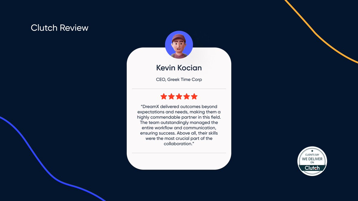 DreamxWeb's tweet photo. Client success story spotted!
Thrilled to share a nice review from Kevin Kocian 🇺🇸 CEO of Greek Time  Corp, on Clutch .
We’re proud to exceed our clients' expectations and delivering top-notch results. Thank you, Kevin, for trusting us with your vision! 

#client #success #uxui https://t.co/OETxK2qbcr