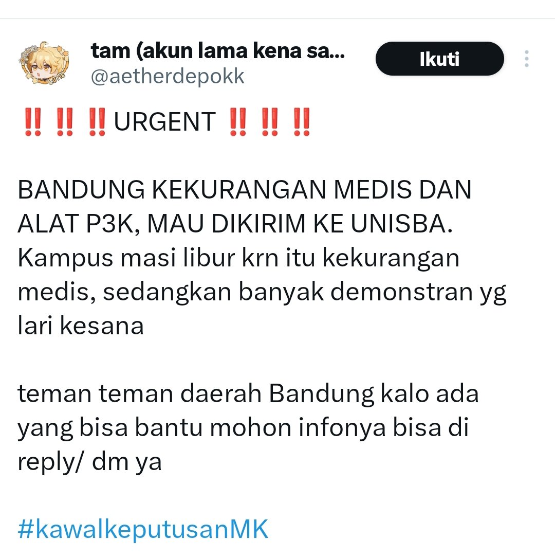 BaseBDG's tweet image. ‼️‼️URGENT ‼️‼️‼️

BANDUNG KEKURANGAN MEDIS DAN ALAT P3K, MAU DIKIRIM KE UNISBA. Kampus masi libur krn itu kekurangan medis, sedangkan banyak demonstran yg lari kesana

Bantu sebarkan euy
