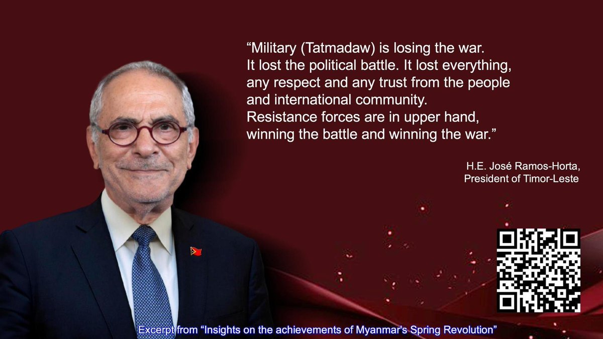 The people of #Myanmar and the NUG express our deepest gratitude to H.E. President <a href="/JoseRamosHorta1/">José Ramos-Horta</a> of #TimorLeste  for his unwavering support. Your solidarity strengthens our resolve for democracy and justice. Together, we stand united in the fight for freedom. 
#Solidarity